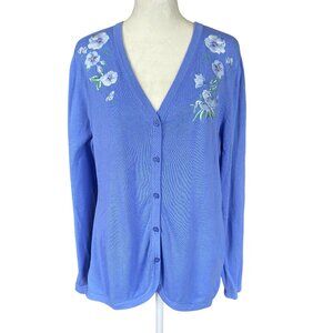Isaac Mizrahi S long sleeve v-neck button down sweater with floral embroidery